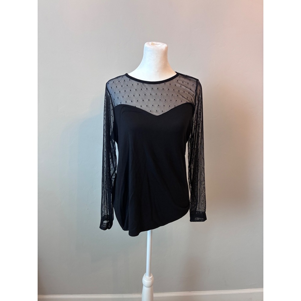 Scully Womens Black Swiss Dot Mesh Sheer Long Sleeve Top Sweetheart Neckline